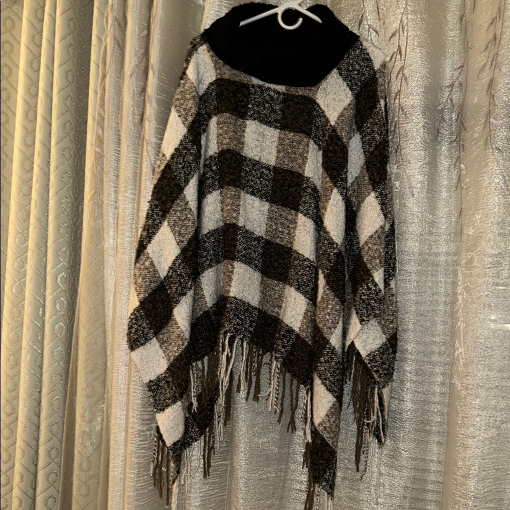 Black and White Plaid Poncho with Fringe